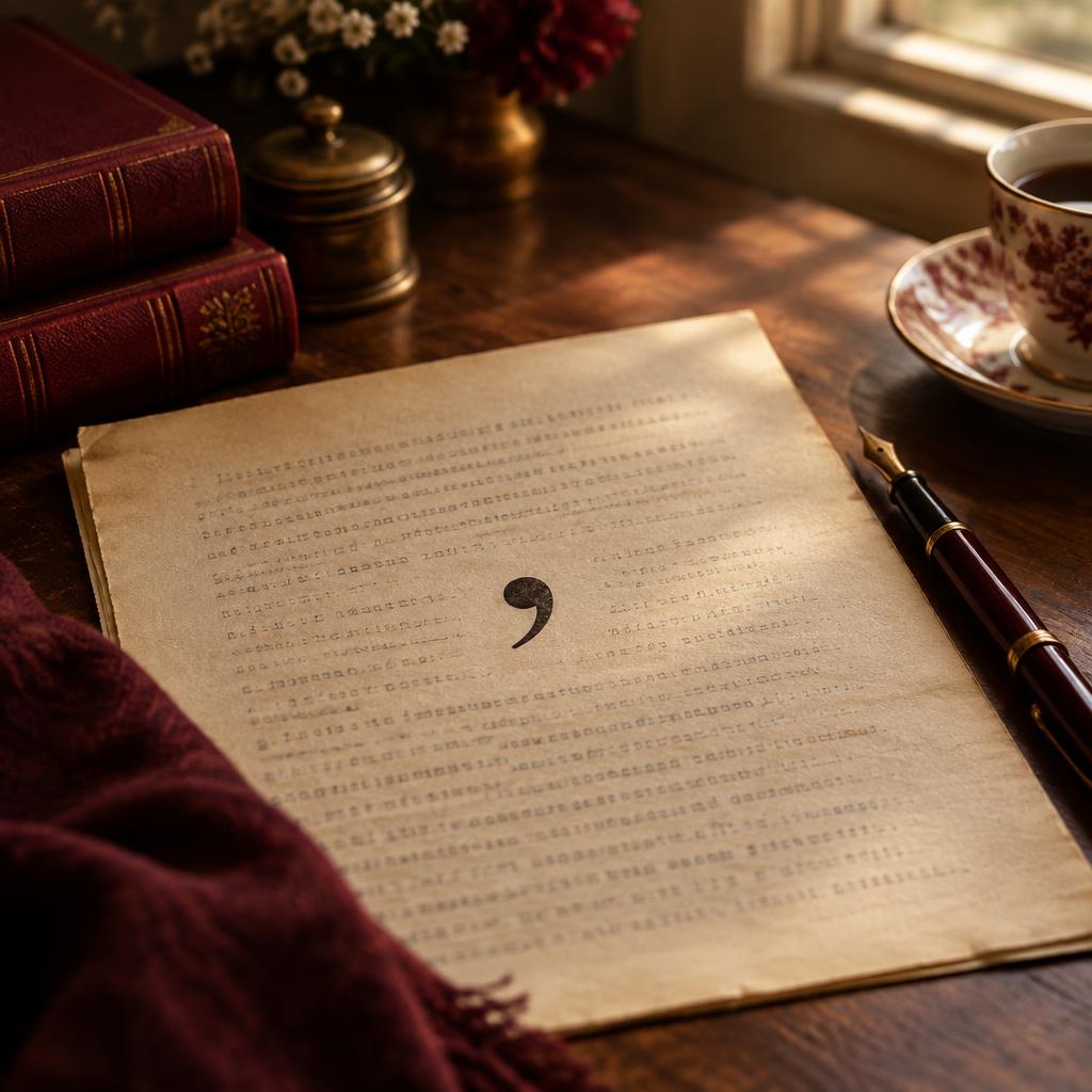 A handwritten comma in ink on a manuscript page beside a fountain pen